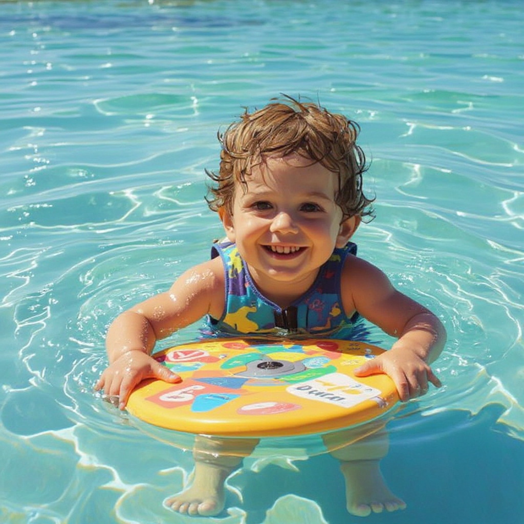 Das Bild zeigt ein fröhliches Kind im flachen, klaren Wasser eines Schwimmbeckens. Das Kind trägt eine bunte Badehose mit Streifen und Schwimmflügel an den Armen. Es hält ein gelbes Schwimmbrett mit bunten Buchstaben und Zahlen fest, das es beim Schwimmenlernen unterstützt.
Das Wasser ist hellblau und transparent, und die Oberfläche glitzert im Licht. Das Kind wirkt ausgelassen und glücklich, während es sich sicher im Wasser bewegt. Der Hintergrund ist einfach gehalten, sodass der Fokus ganz auf dem Kind und seiner Aktivität liegt. Die Stimmung ist sommerlich, frisch und voller Lebensfreude.